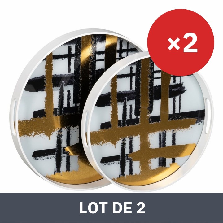 Lot de 2 · Plateau apéritif Blanc Noir Doré PVC Verre Abstrait 42 x 42 x 4,2 cm