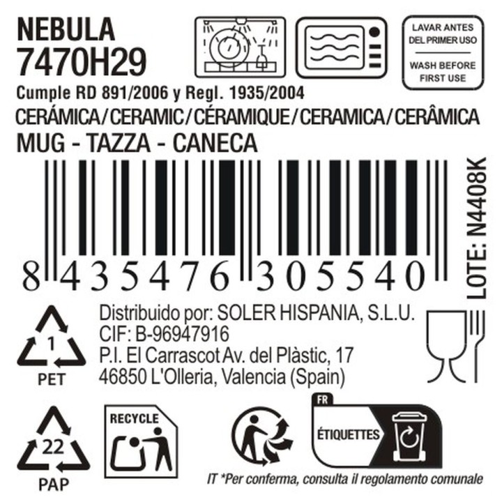 Tasse mug La Mediterránea Nebula Gris 410 ml Céramique (18 Unités)