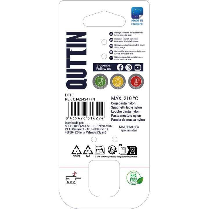 Cuillère de service pour les pâtes Quttin PRO Noir Nylon 33 x 6,5 x 4,5 cm (18 Unités)