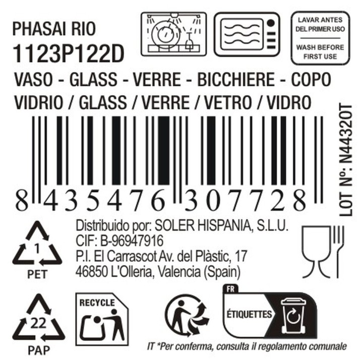 Verre La Mediterránea Phasai rio Transparent verre 350 ml (24 Unités)
