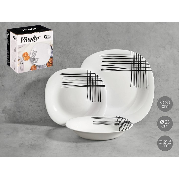 Assiettes Vivalto Blanc Noir Verre opalin Rayures 18 Pièces (2 Unités)